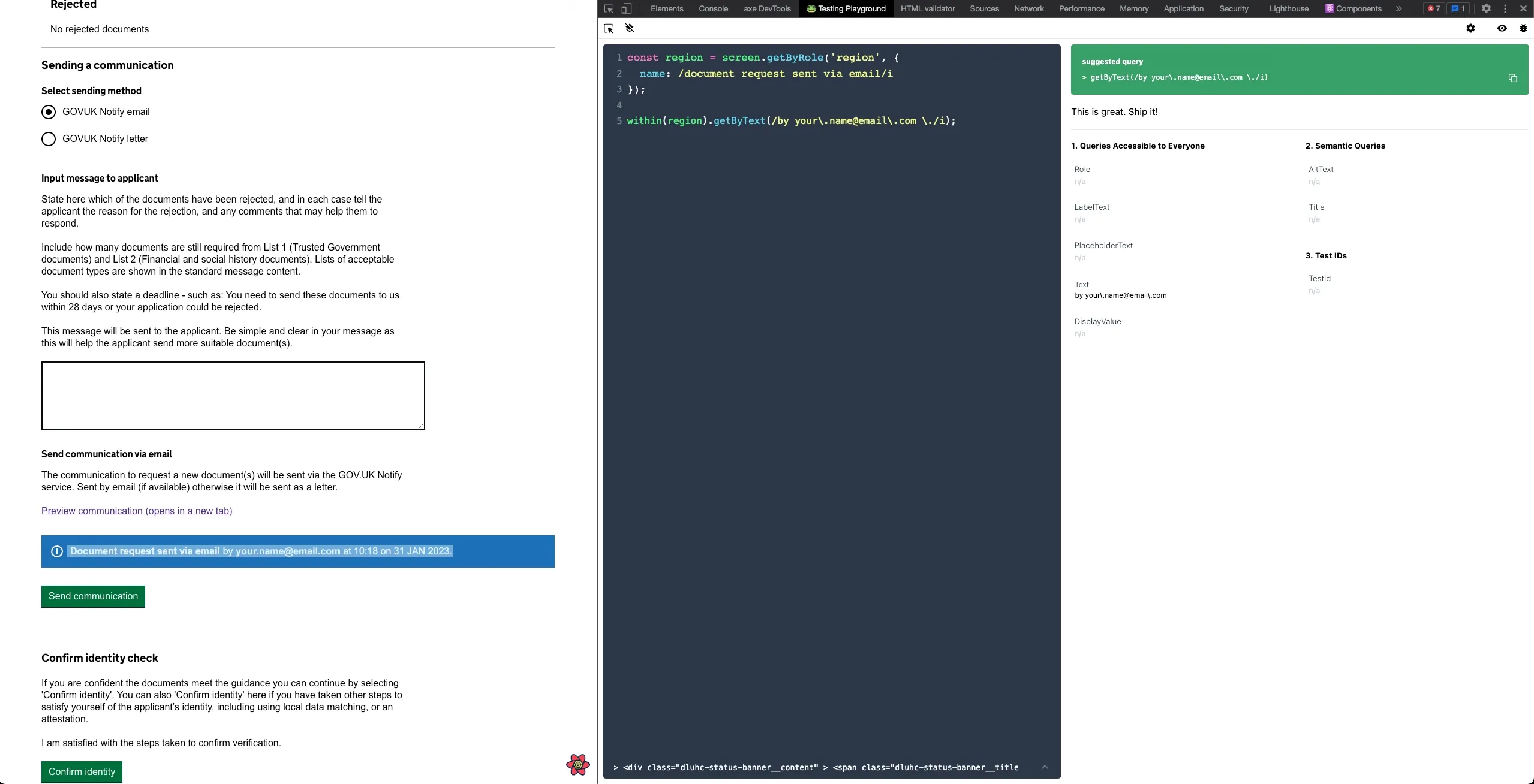 The Testing Playground Chrome extension providing an accessible element selector by the user clicking the element in the browser